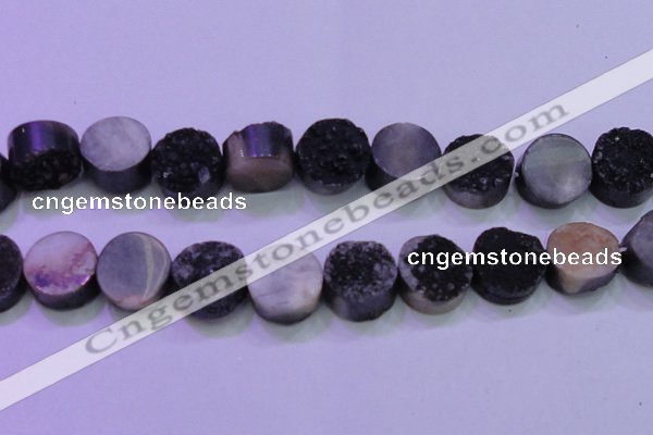 CAG8397 7.5 inches 25mm coin black plated druzy agate beads