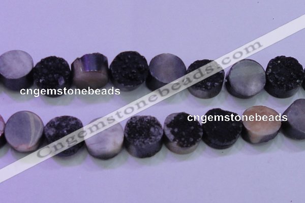 CAG8407 7.5 inches 30mm coin black plated druzy agate beads