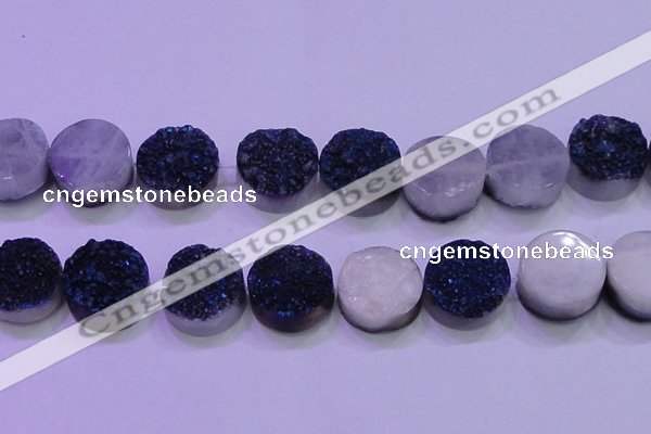 CAG8416 7.5 inches 35mm coin blue plated druzy agate beads