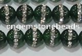 CAG8621 15.5 inches 10mm round green agate with rhinestone beads