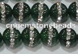 CAG8623 15.5 inches 14mm round green agate with rhinestone beads