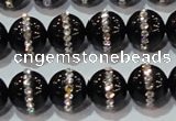 CAG8630 15.5 inches 8mm round black agate with rhinestone beads