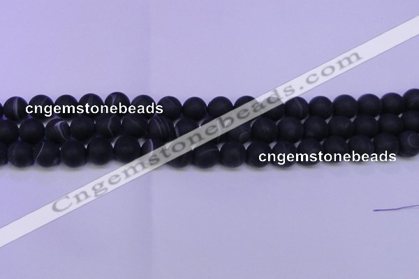 CAG8875 15.5 inches 14mm round matte black line agate beads