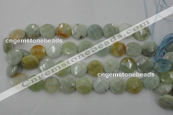 CAQ371 15.5 inches 20mm faceted coin natural aquamarine beads