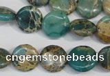 CAT5030 15.5 inches 14mm flat round natural aqua terra jasper beads