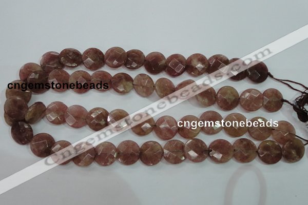 CBQ243 15.5 inches 14mm faceted coin strawberry quartz beads