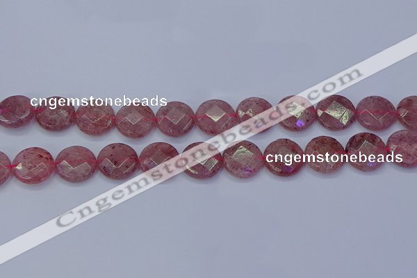 CBQ461 15.5 inches 14mm faceted coin strawberry quartz beads