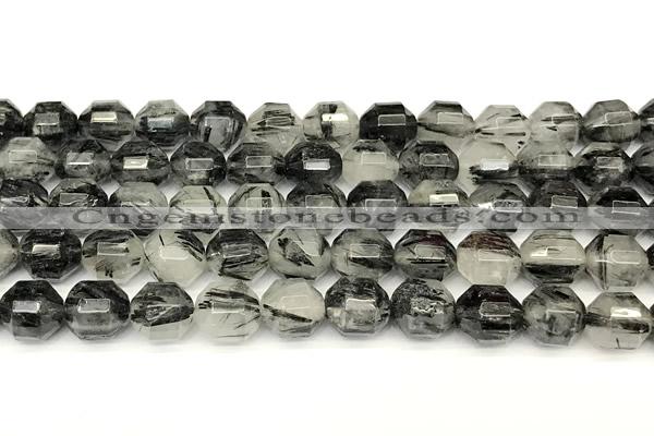 CCB1427 15 inches 9mm - 10mm faceted black rutilated quartz beads