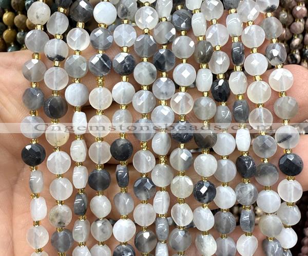 CCB1720 15 inches 6mm faceted coin cloudy quartz beads