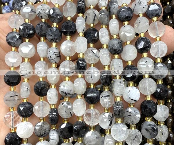 CCB1906 15 inches 8mm faceted coin black rutilated quartz beads
