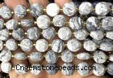 CCB2142 15 inches 10mm faceted coin grey picture jasper beads