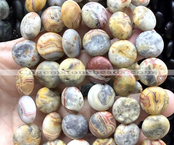 CCB2266 15 inches 15mm flat round matte yellow crazy lace agate beads