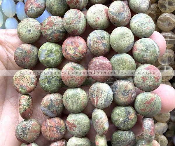 CCB2273 15 inches 15mm flat round matte unakite beads wholesale