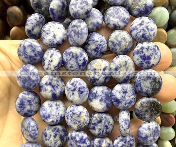 CCB2274 15 inches 15mm flat round matte blue spot stone beads