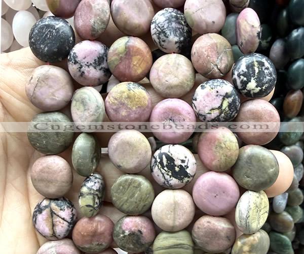 CCB2276 15 inches 15mm flat round matte rhodonite beads wholesale