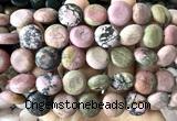 CCB2276 15 inches 15mm flat round matte rhodonite beads wholesale