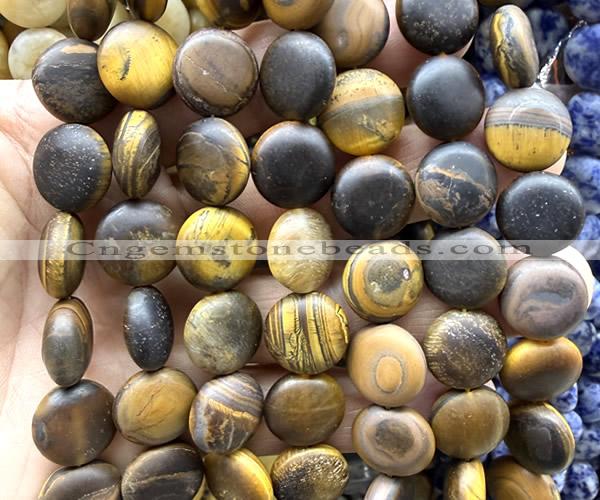 CCB2279 15 inches 15mm flat round matte yellow tiger eye beads
