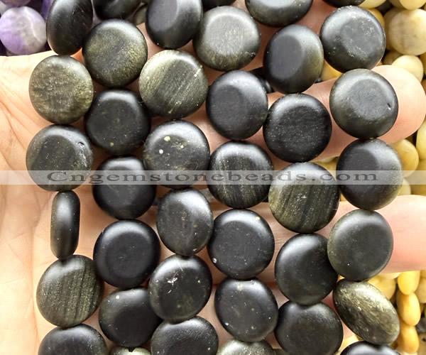 CCB2280 15 inches 15mm flat round matte golden obsidian beads