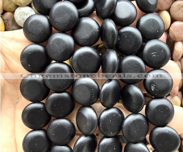 CCB2281 15 inches 15mm flat round matte black obsidian beads