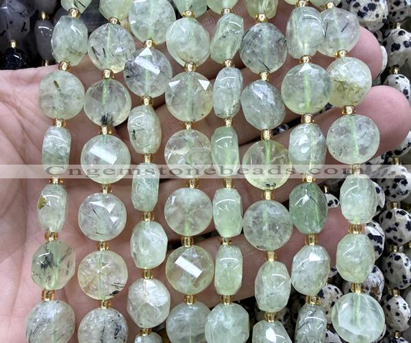 CCB2305 15 inches 12mm faceted coin green rutilated quartz beads