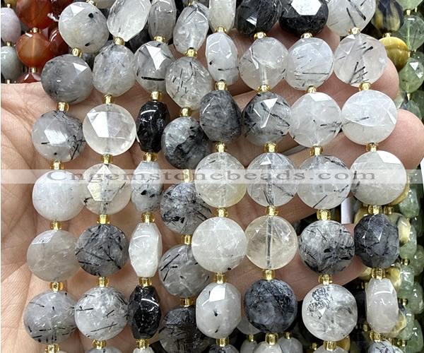 CCB2306 15 inches 12mm faceted coin black rutilated quartz beads