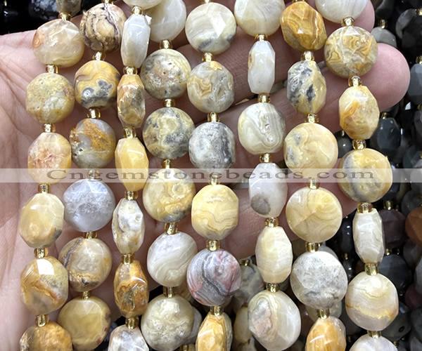 CCB2317 15 inches 12mm faceted coin yellow crazy lace agate beads