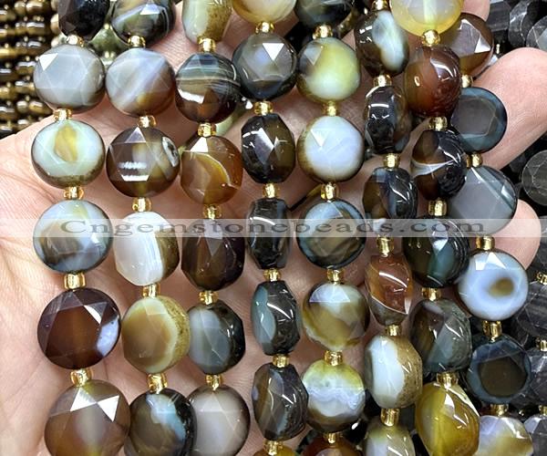 CCB2323 15 inches 12mm faceted coin brown banded agate beads