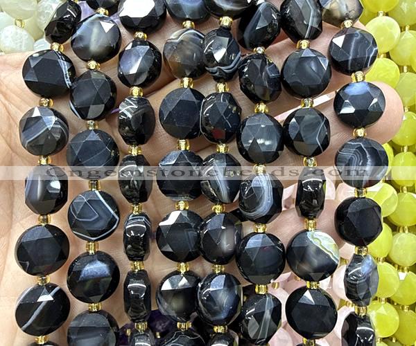 CCB2324 15 inches 12mm faceted coin black banded agate beads