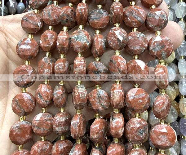 CCB2348 15 inches 12mm faceted coin red sesame jasper beads