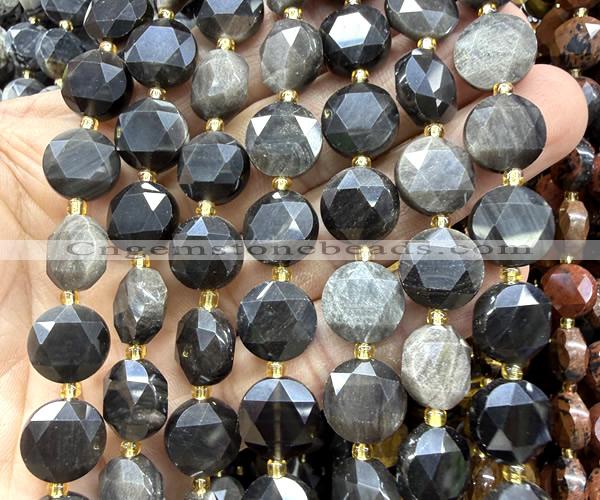 CCB2355 15 inches 12mm faceted coin silver obsidian beads