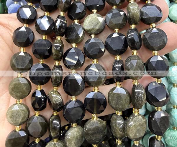 CCB2356 15 inches 12mm faceted coin golden obsidian beads