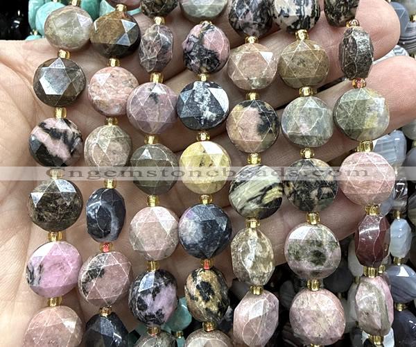 CCB2368 15 inches 12mm faceted coin rhodonite gemstone beads
