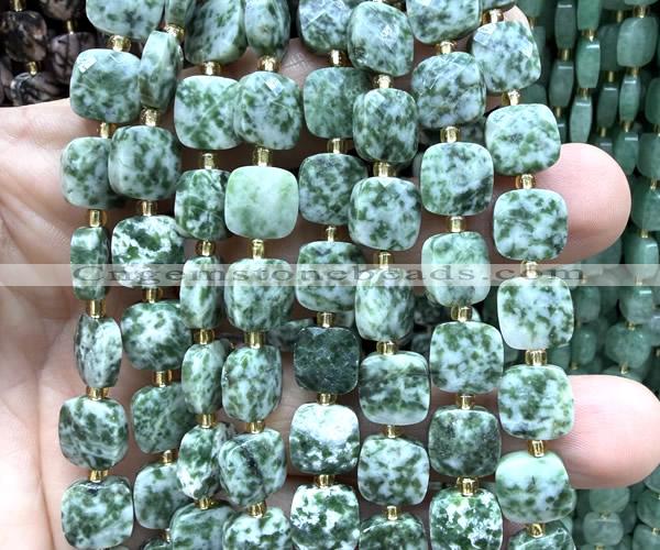 CCB2404 15 inches 10mm faceted square green spot stone beads