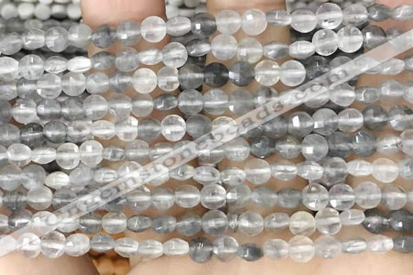 CCB533 15.5 inches 4mm faceted coin cloudy quartz beads