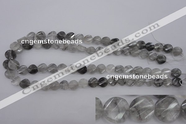 CCQ271 15.5 inches 10mm faceted & twisted coin cloudy quartz beads