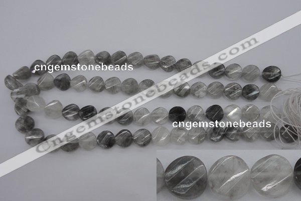 CCQ272 15.5 inches 12mm faceted & twisted coin cloudy quartz beads