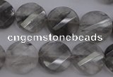 CCQ273 15.5 inches 15mm faceted & twisted coin cloudy quartz beads