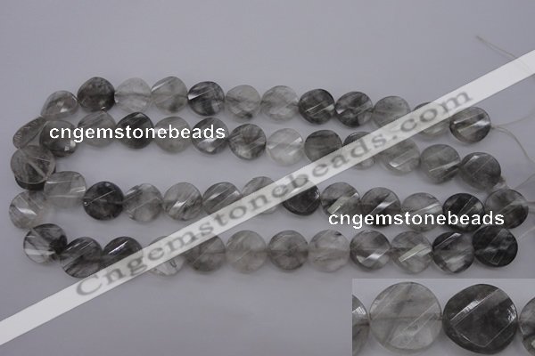 CCQ273 15.5 inches 15mm faceted & twisted coin cloudy quartz beads