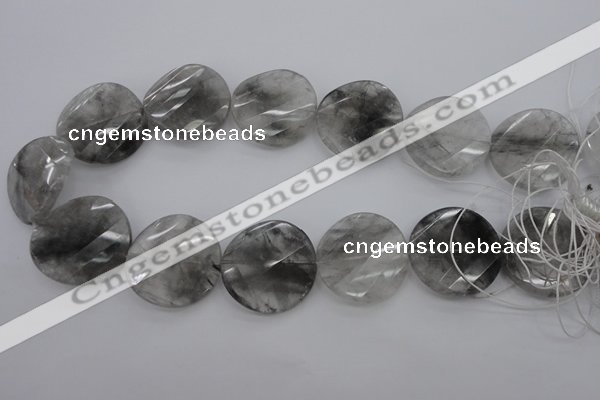 CCQ276 15.5 inches 30mm faceted & twisted coin cloudy quartz beads