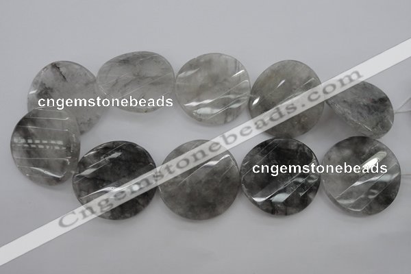 CCQ277 15.5 inches 40mm faceted & twisted coin cloudy quartz beads