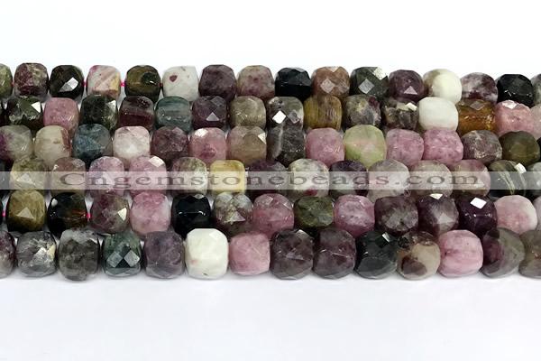 CCU1057 15 inches 8mm faceted cube tourmaline beads