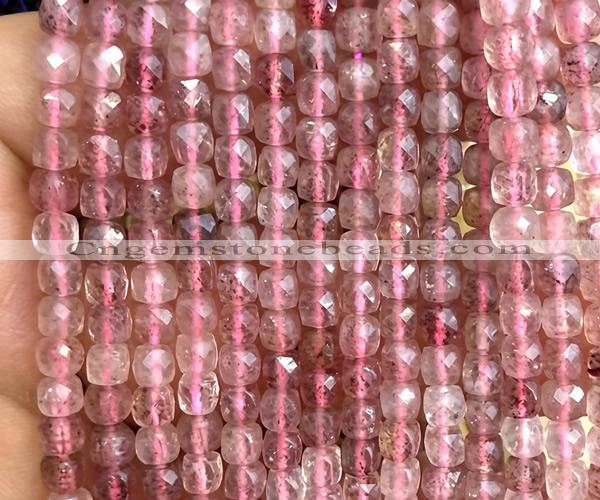 CCU1808 15 inches 4mm faceted cube strawberry quartz beads