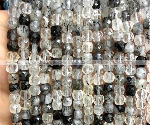 CCU1816 15 inches 4mm faceted cube black rutilated quartz beads