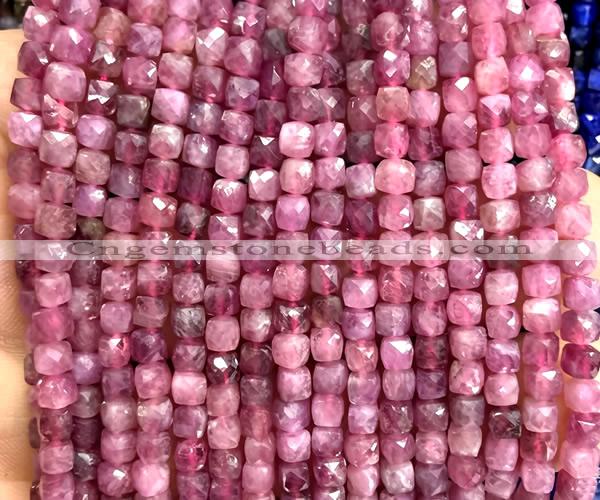 CCU1845 15 inches 4mm faceted cube pink tourmaline beads