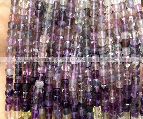 CCU1861 15 inches 4mm faceted cube rainbow fluorite beads