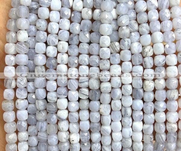 CCU1885 15 inches 4mm faceted cube blue lace agate beads