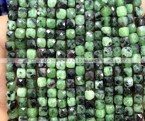 CCU1908 15 inches 4mm faceted cube ruby zoisite beads