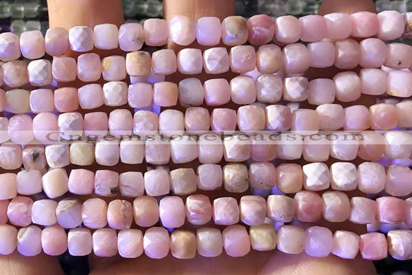 CCU807 15 inches 4mm faceted cube pink opal beads