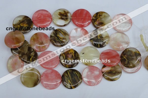 CCY214 15.5 inches 30mm flat round volcano cherry quartz beads