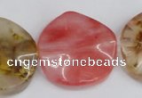 CCY229 15.5 inches 30mm wavy coin volcano cherry quartz beads